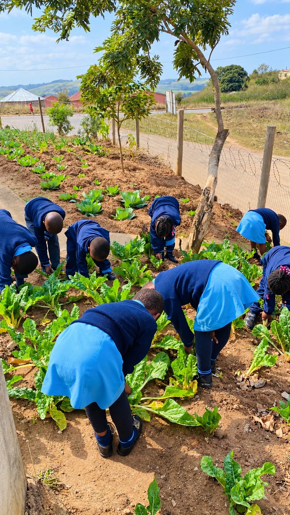 Participants tending rows in a school garden